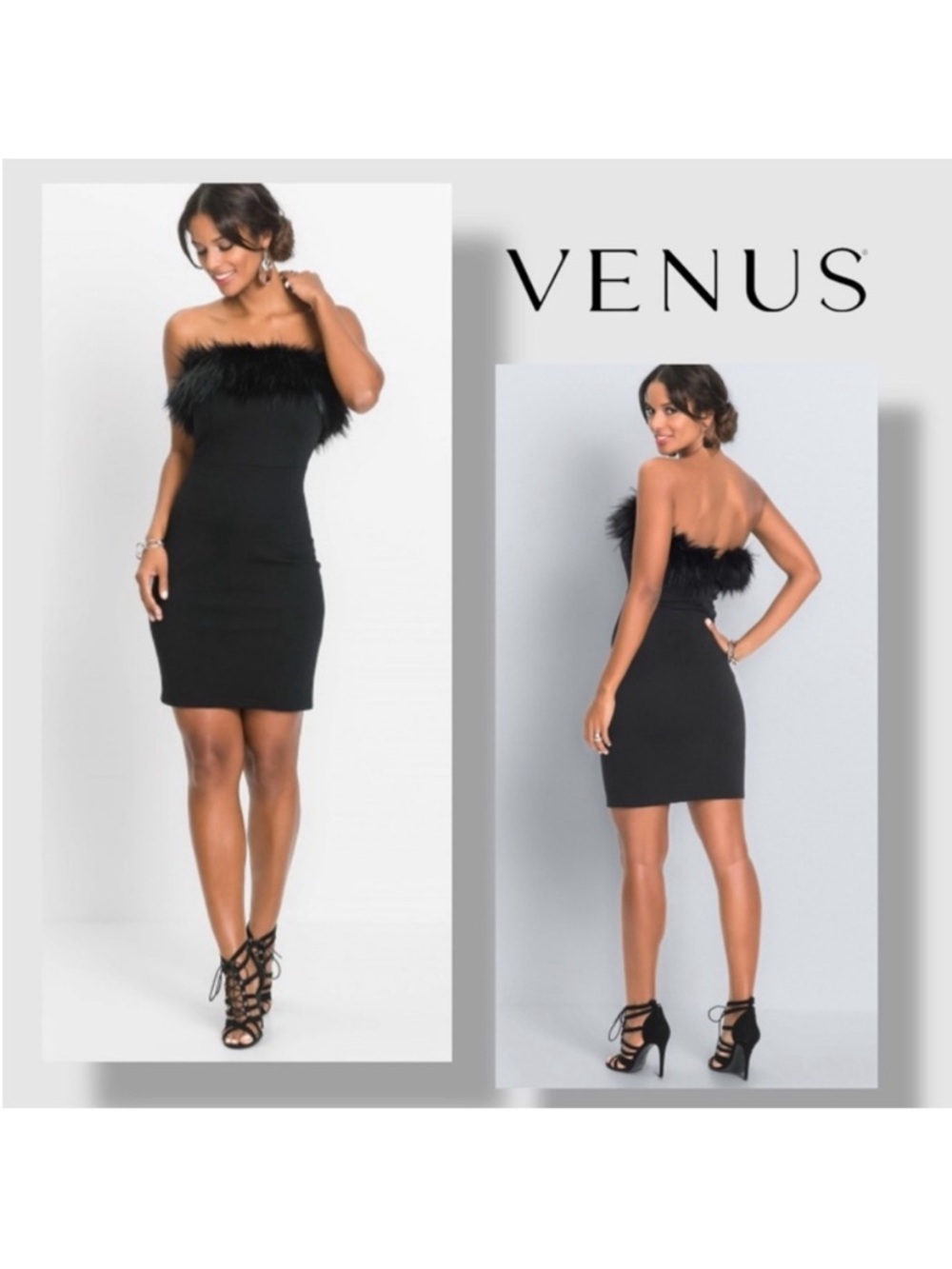 NWOT Venus Faux Fur Trim Strapless Black Mini Dress